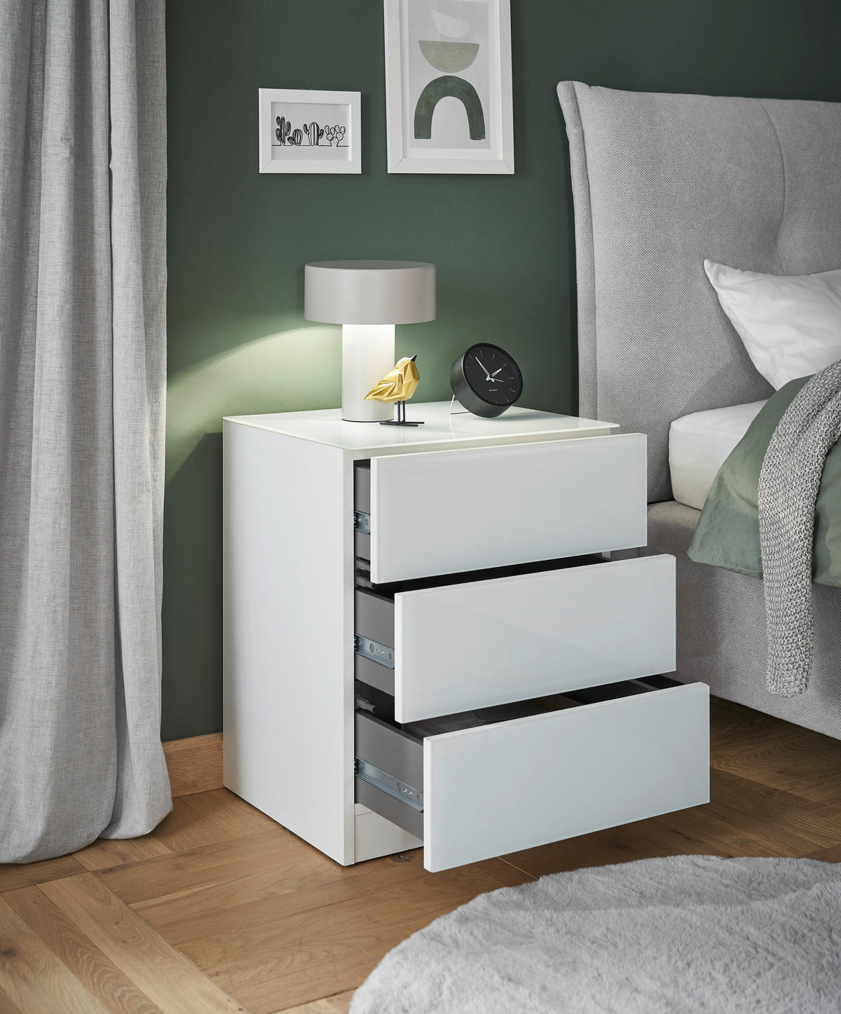 NOČNÝ STOLÍK, biela, 46/57/40 cm - biela, Konventionell, kompozitné drevo/sklo (46/57/40cm) - Hom`in