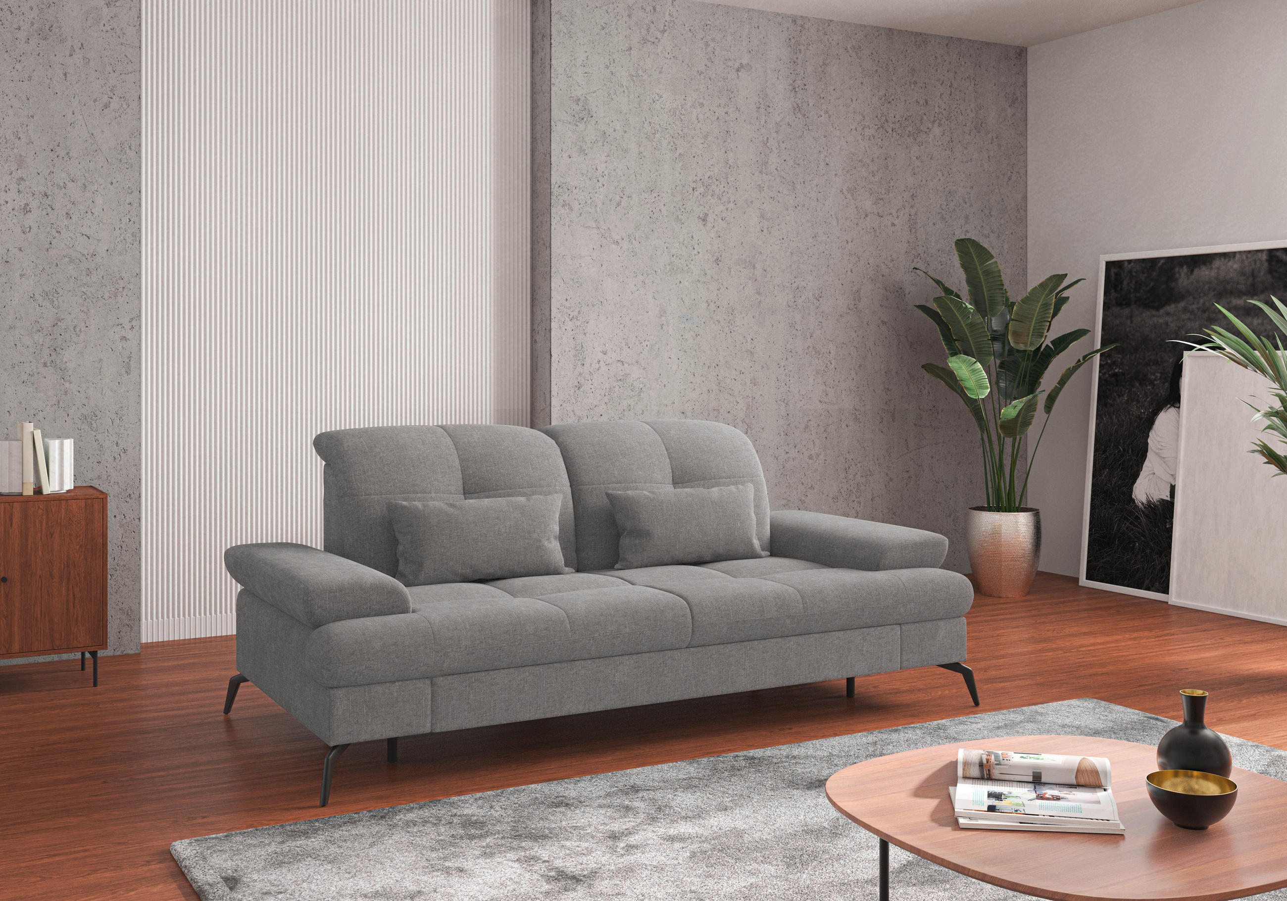 2,5-SITZER in Flachgewebe Hellgrau  - Hellgrau/Schwarz, KONVENTIONELL, Textil/Metall (202/90/122cm) - Sit & More