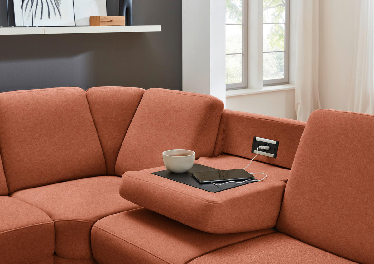 ECKSOFA Flachgewebe Rostfarben  - Rostfarben/Schwarz, Konventionell, Textil/Metall (269/287cm) - Beldomo System