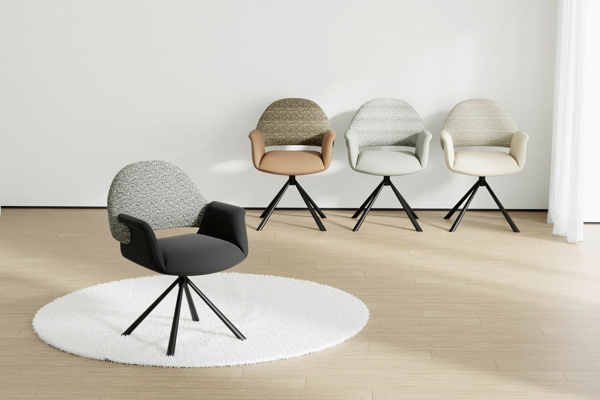 ARMLEHNSTUHL  Sitzfläche 360° drehbar, inklusive Armlehnen, automatische Rückholfunktion Webstoff Echtleder  - Schwarz, Design, Leder/Textil (62,5/86/64cm) - Novel