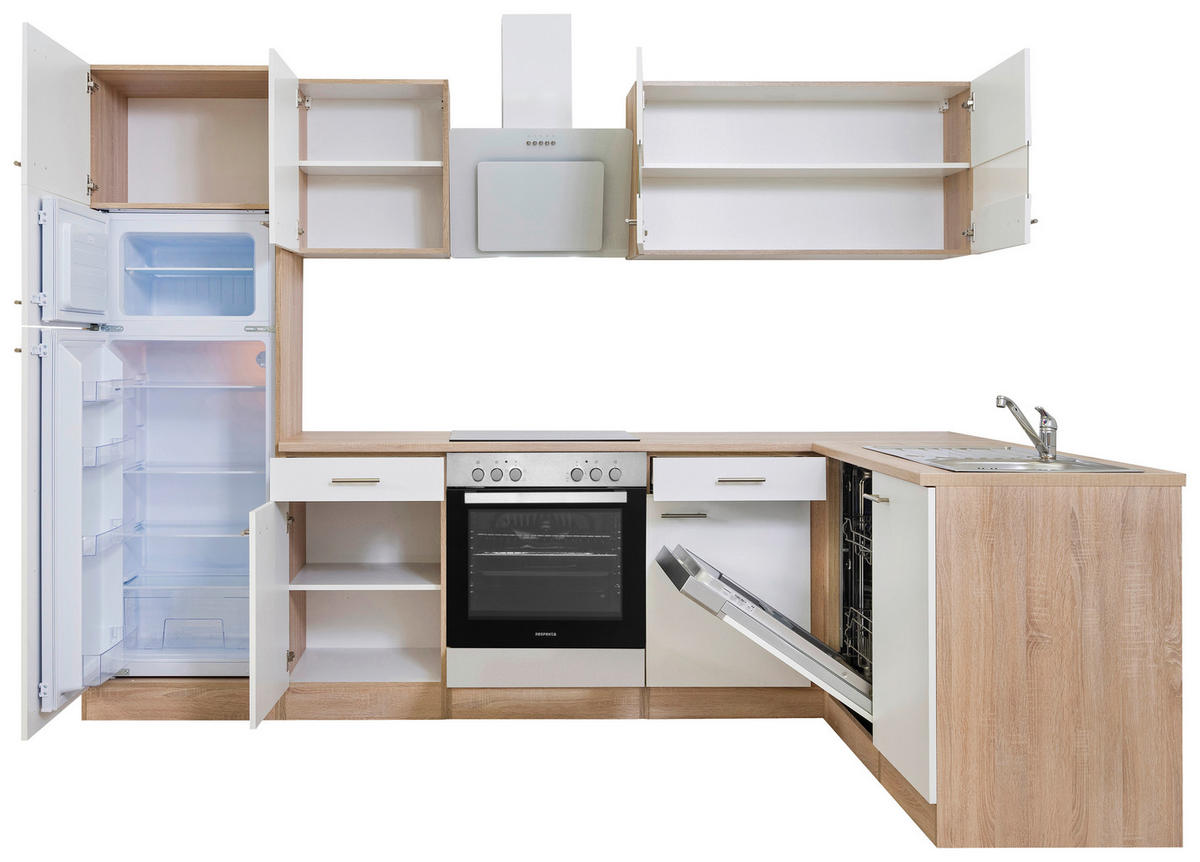 ECKKÜCHE 280/172 cm  in Weiß, Eichefarben  - Eichefarben/Weiß, Basics, Glas/Holzwerkstoff (280/172cm) - Respekta