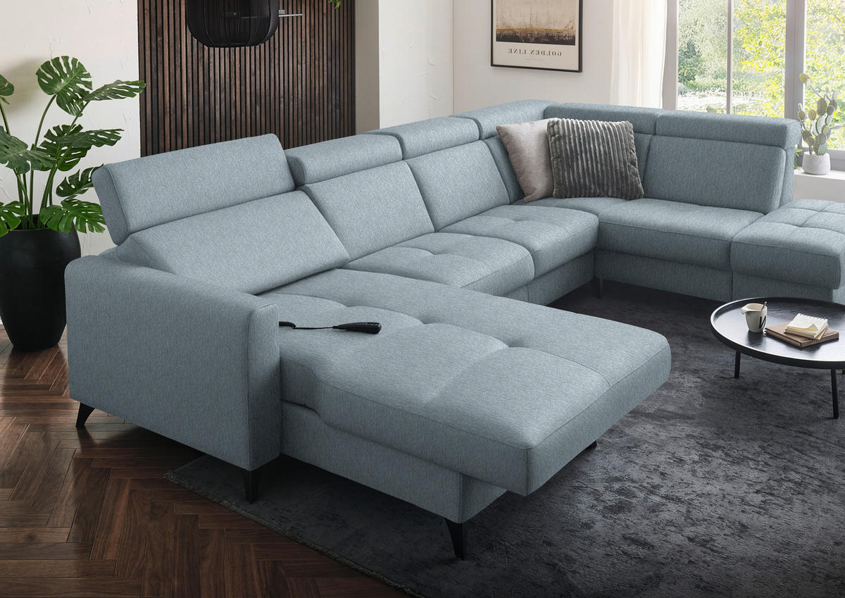 WOHNLANDSCHAFT Flachgewebe Hellblau  - Schwarz/Hellblau, Konventionell, Textil/Metall (174/333/215cm) - Beldomo System