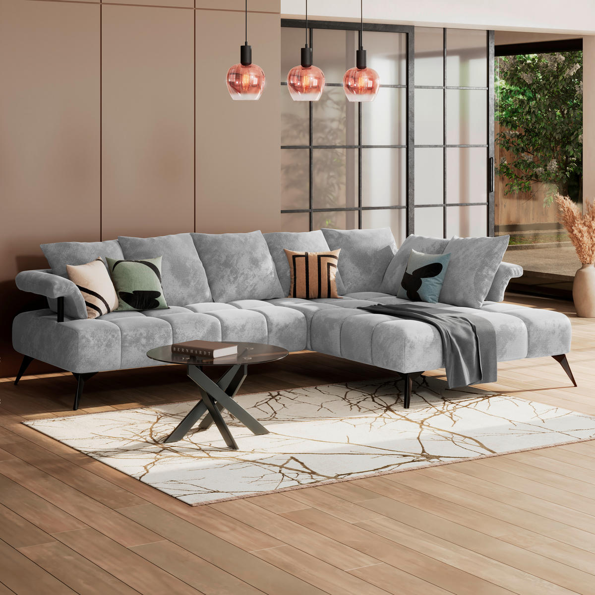 ECKSOFA VANESSA Hellgrau Flachgewebe  - Hellgrau/Schwarz, MODERN, Kunststoff/Textil (297/200cm) - Livetastic