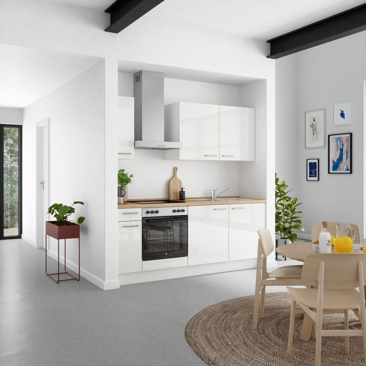 KÜCHENLEERBLOCK 210 cm   in Eichefarben, Weiß Hochglanz  - Edelstahlfarben/Eichefarben, MODERN, Holzwerkstoff/Metall (210cm) - Nobilia