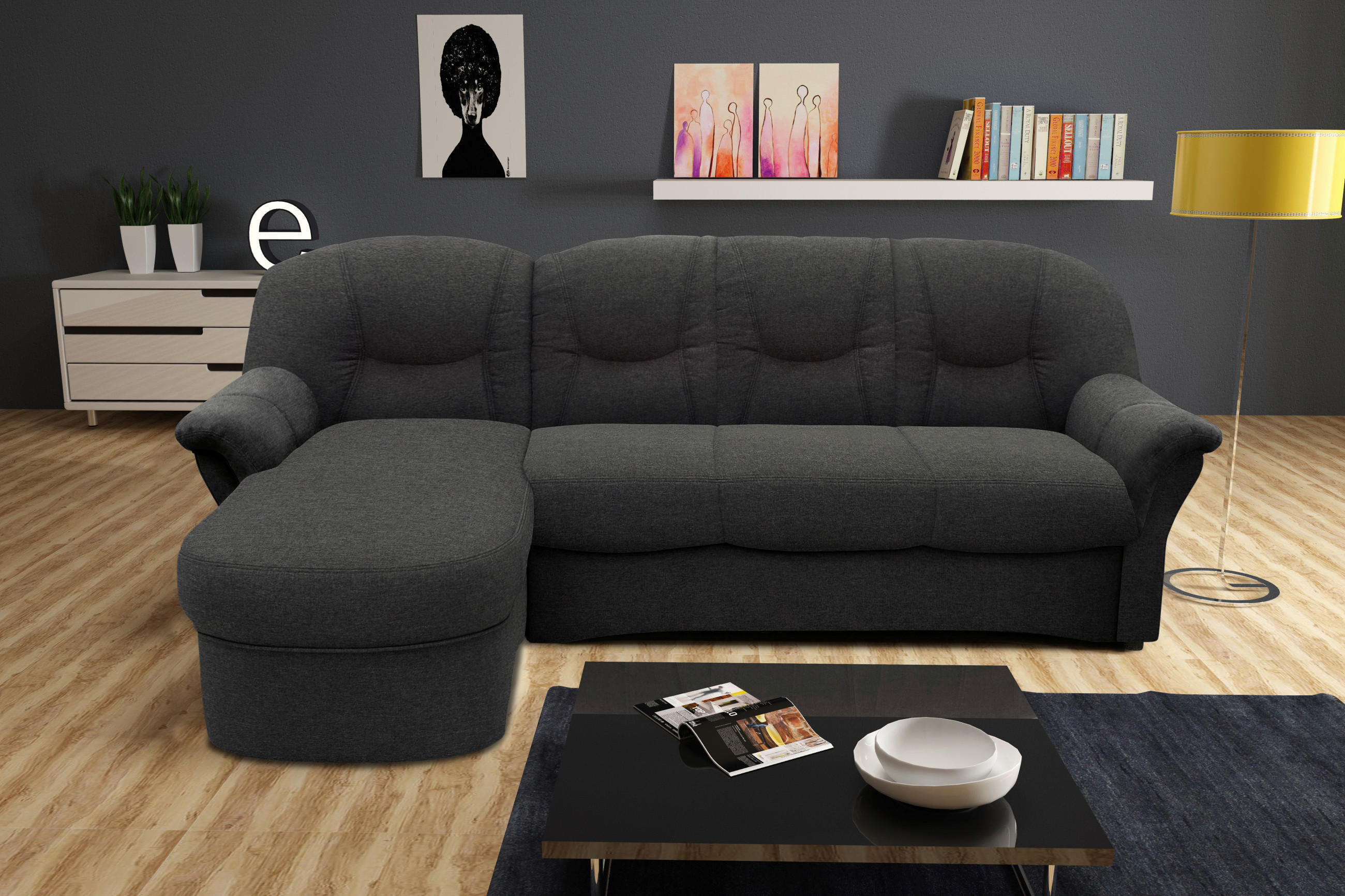 ECKSOFA in Webstoff Grau 142/233 cm - Schwarz/Grau, KONVENTIONELL, Kunststoff/Textil (142/233cm) - MID.YOU