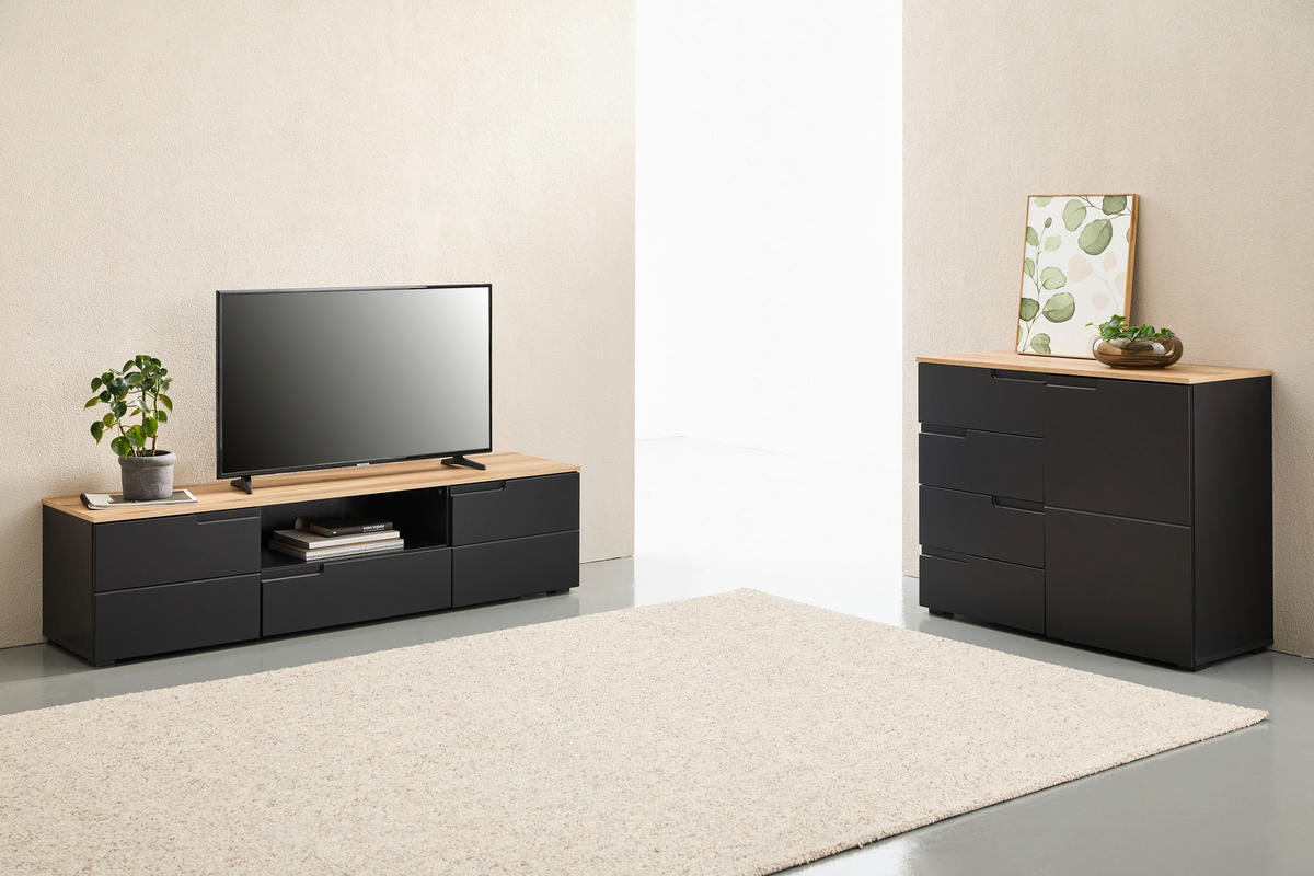 LOWBOARD Swim 165/42/40 cm 1 Schublade(n) Beimöbel erhältlich, stehend  - Eichefarben/Schwarz, Design, Holzwerkstoff/Kunststoff (165/42/40cm) - MID.YOU