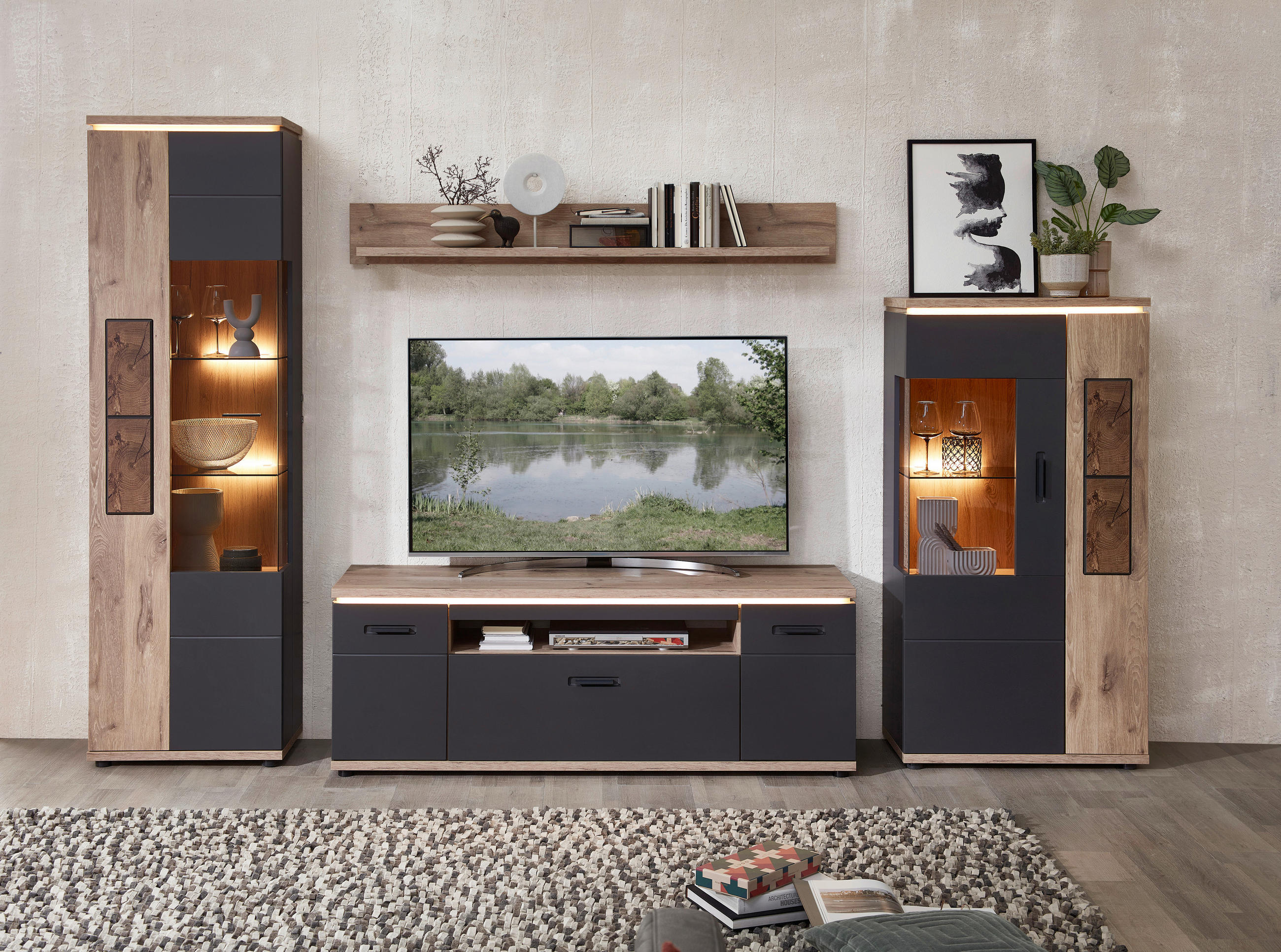 HIGHBOARD Graphitfarben, Eichefarben  75/146/37 cm  - Eichefarben/Graphitfarben, MODERN, Glas/Holzwerkstoff (75/146/37cm) - Stylife