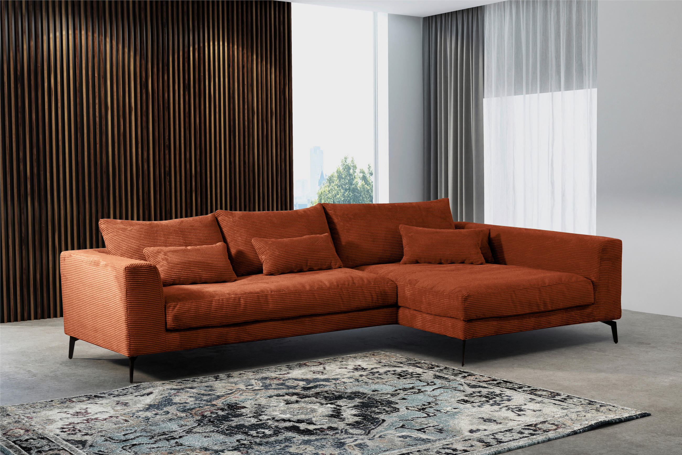 ECKSOFA Kupferfarben Cord  - Schwarz/Kupferfarben, Design, Textil/Metall (313/172cm) - Livetastic