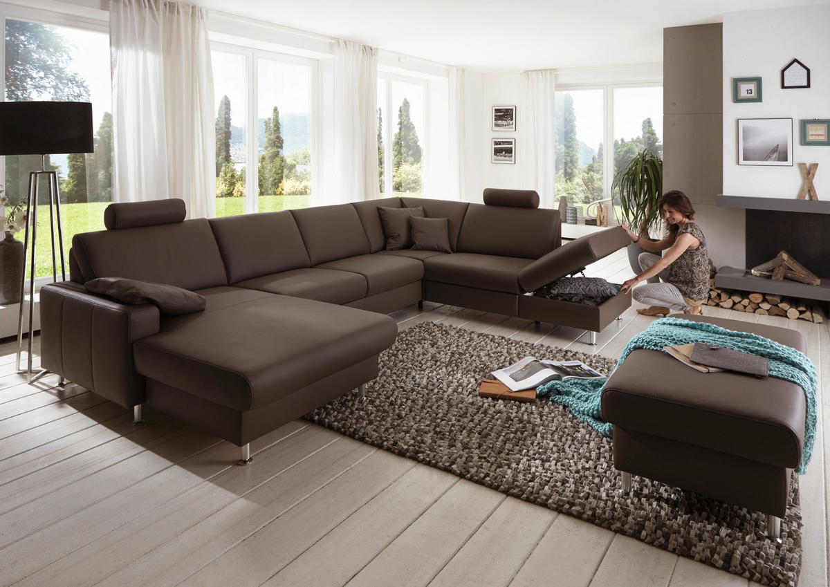 WOHNLANDSCHAFT in Echtleder Dunkelbraun  - Dunkelbraun/Alufarben, Design, Leder/Metall (165/338/233cm) - Beldomo Premium