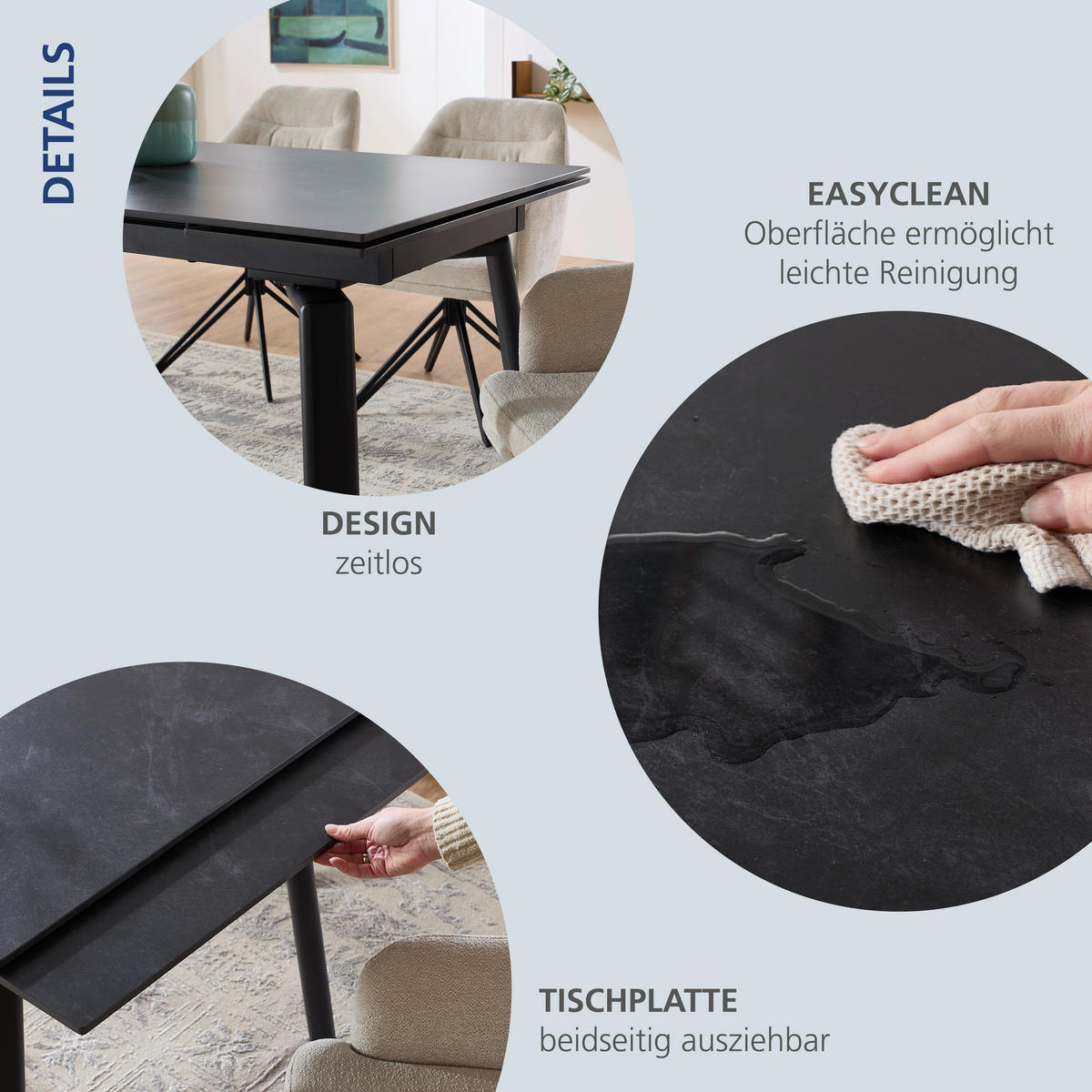 ESSTISCH Anthrazit, Schwarz  ausziehbar  - Anthrazit/Schwarz, MODERN, Keramik/Metall (140/80/76cm) - MID.YOU
