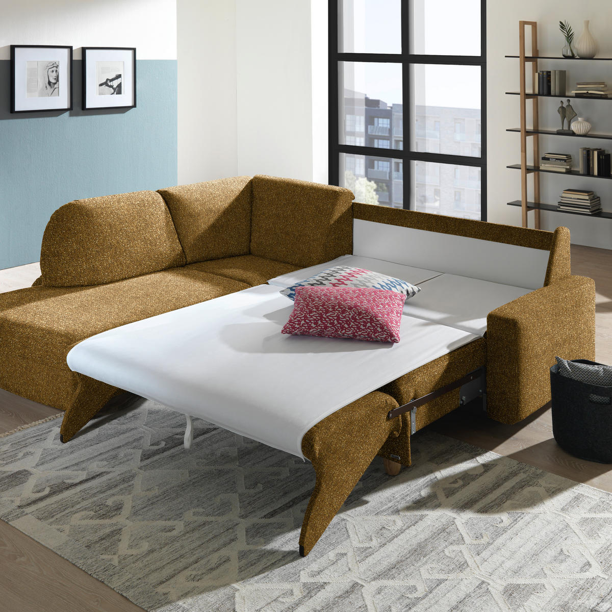 ECKSOFA  in Mikrovelours Senfgelb  208/227 cm  - Eichefarben/Rot, KONVENTIONELL, Holz/Textil (208/227cm) - Sedda