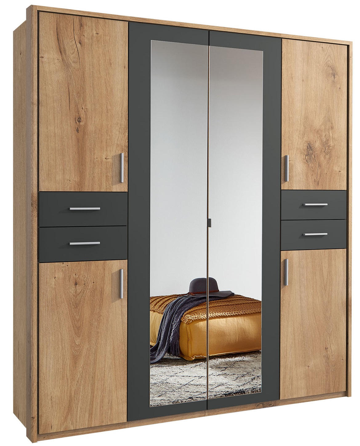 KLEIDERSCHRANK 6-türig Graphitfarben, Eichefarben - Eichefarben/Silberfarben, Basics, Holzwerkstoff/Kunststoff (180/208/58cm) - MID.YOU