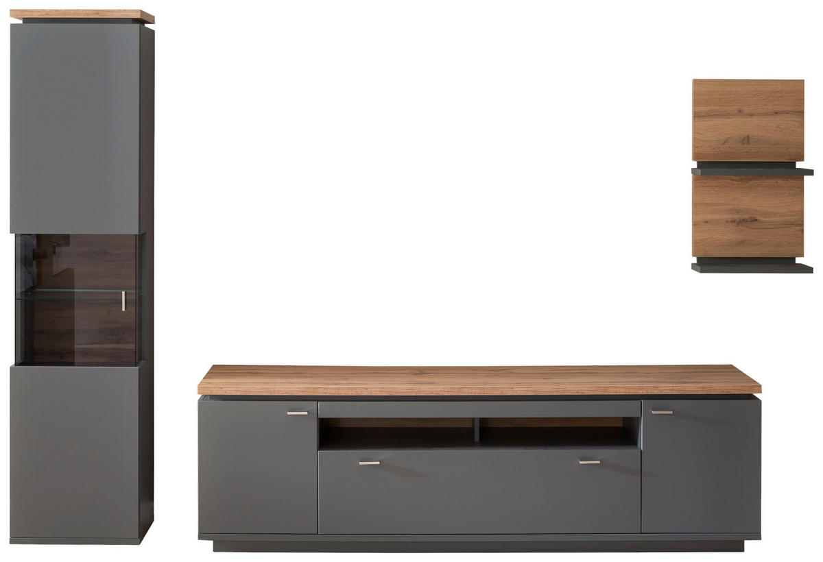WOHNWAND  in Grau, Eiche Wotan 270/208/50 cm  - Eiche Wotan/Grau, Design, Glas/Holzwerkstoff (270/208/50cm) - Stylife