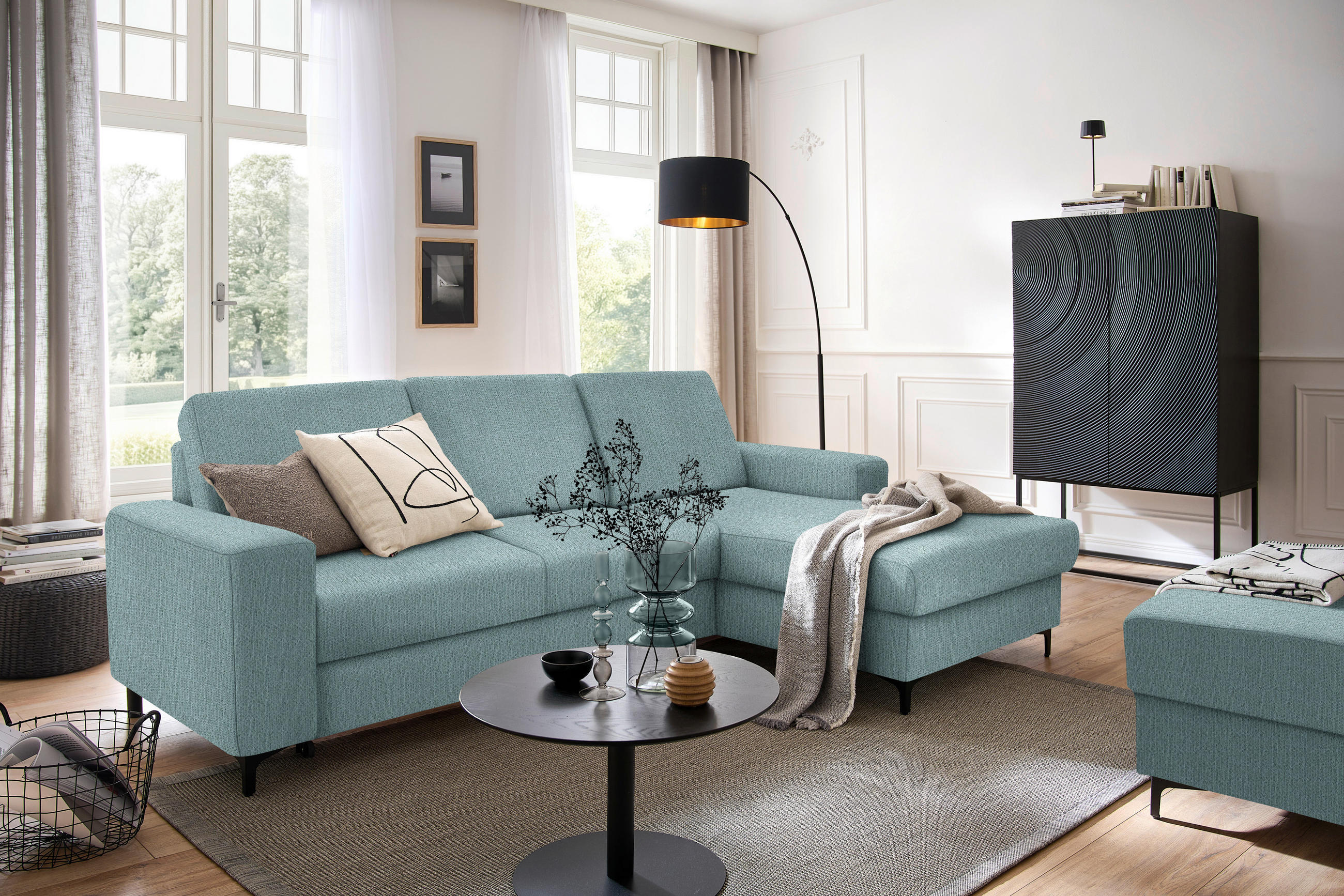 ECKSOFA in Webstoff Mintgrün  - Schwarz/Mintgrün, Konventionell, Textil/Metall (247/167cm) - Stylife