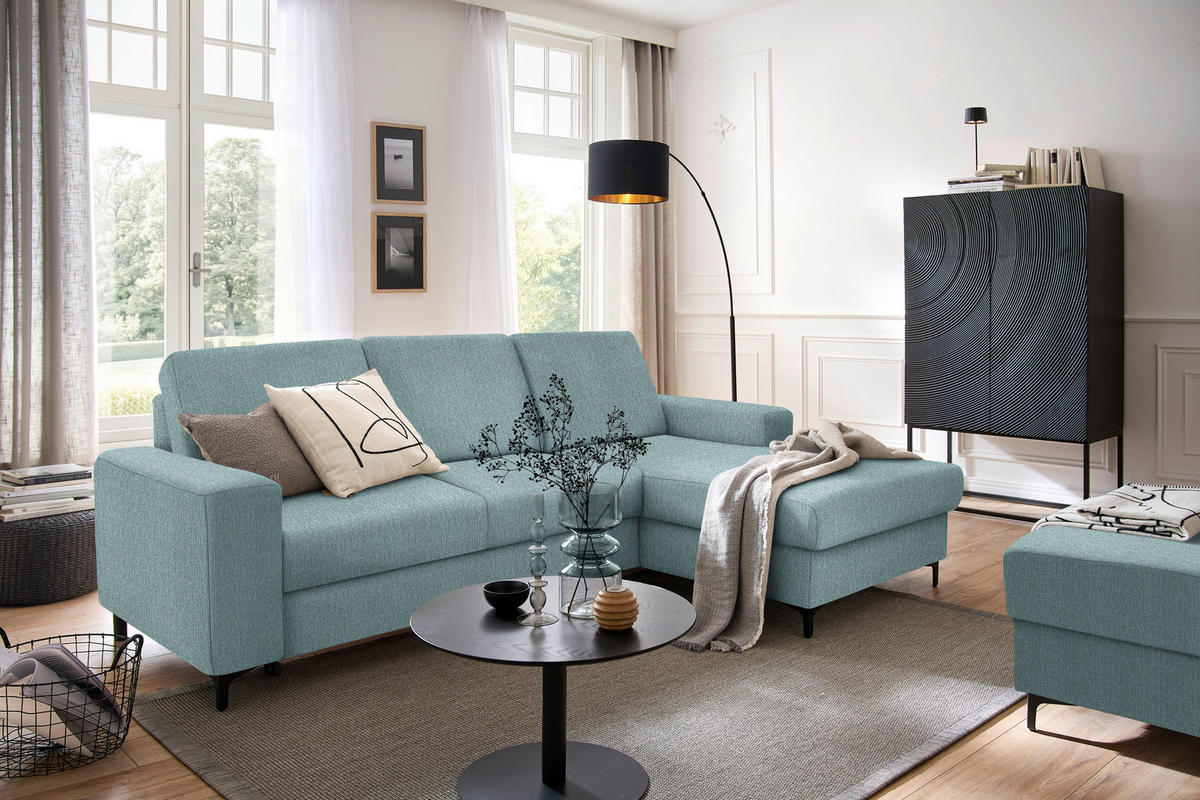ECKSOFA in Webstoff Mintgrün  - Schwarz/Mintgrün, Konventionell, Textil/Metall (247/167cm) - Stylife