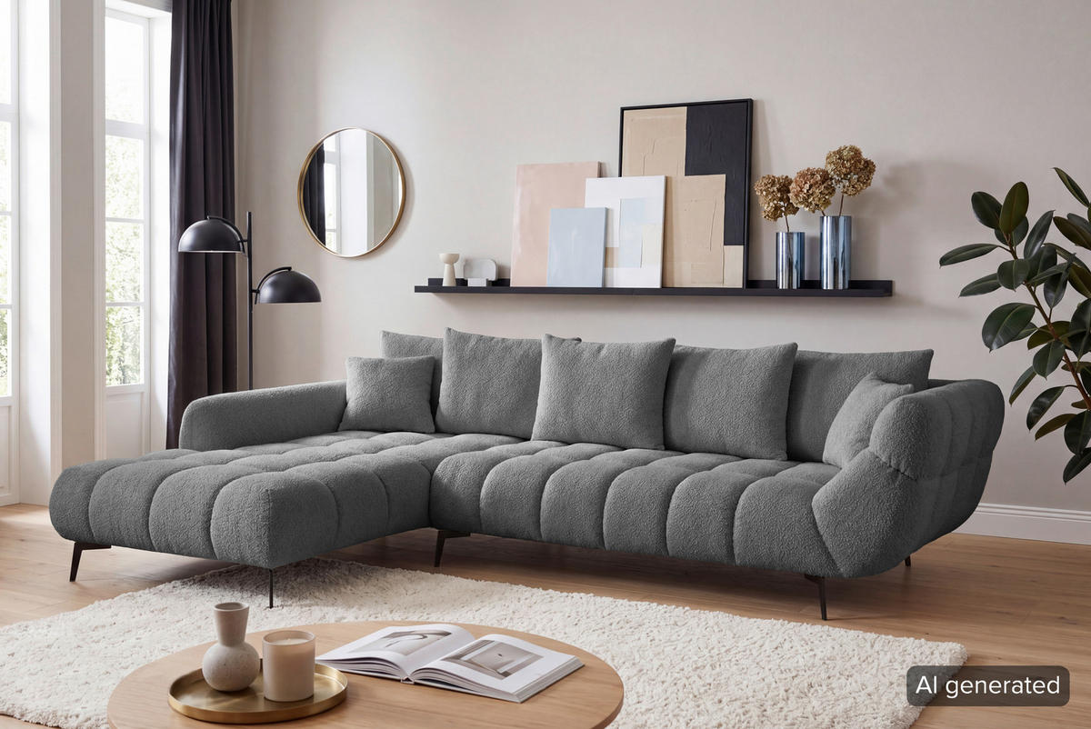 ECKSOFA Grau Bouclé Zierkissen, Rückenkissen, Rücken echt  - Schwarz/Grau, MODERN, Textil/Metall (217/318cm) - Carryhome