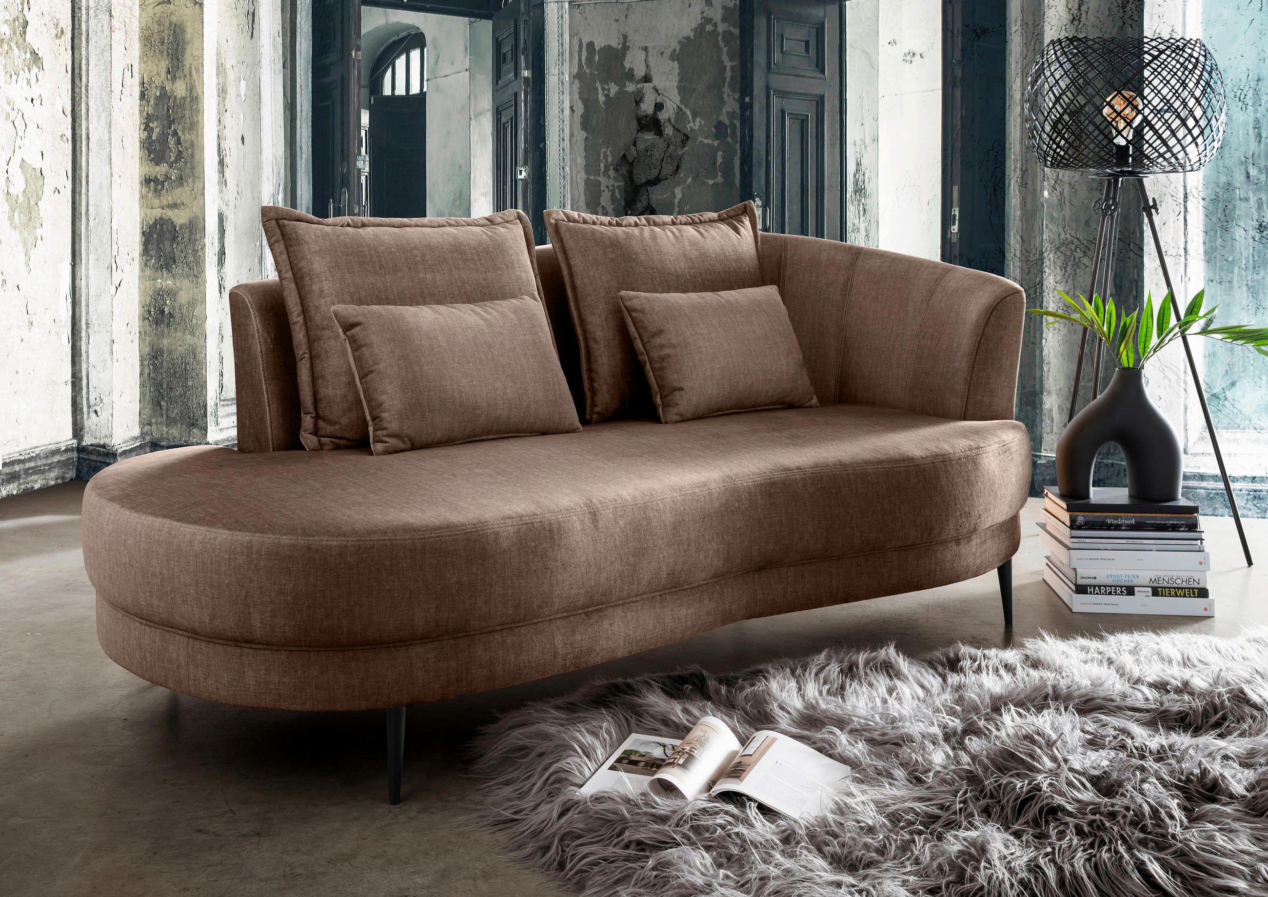 OTTOMANE in Velours Hellbraun  - Hellbraun/Schwarz, Modern, Textil/Metall (211/85/102cm) - Livetastic