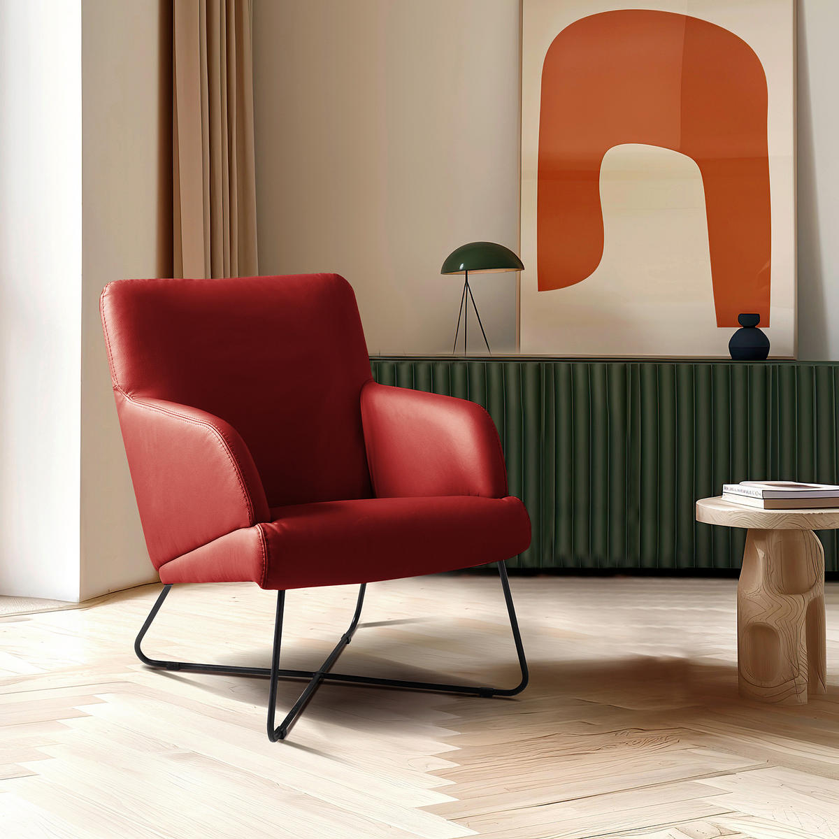 SESSEL in Echtleder Rot  - Rot/Schwarz, Design, Leder/Metall (67/87/74cm) - Livetastic