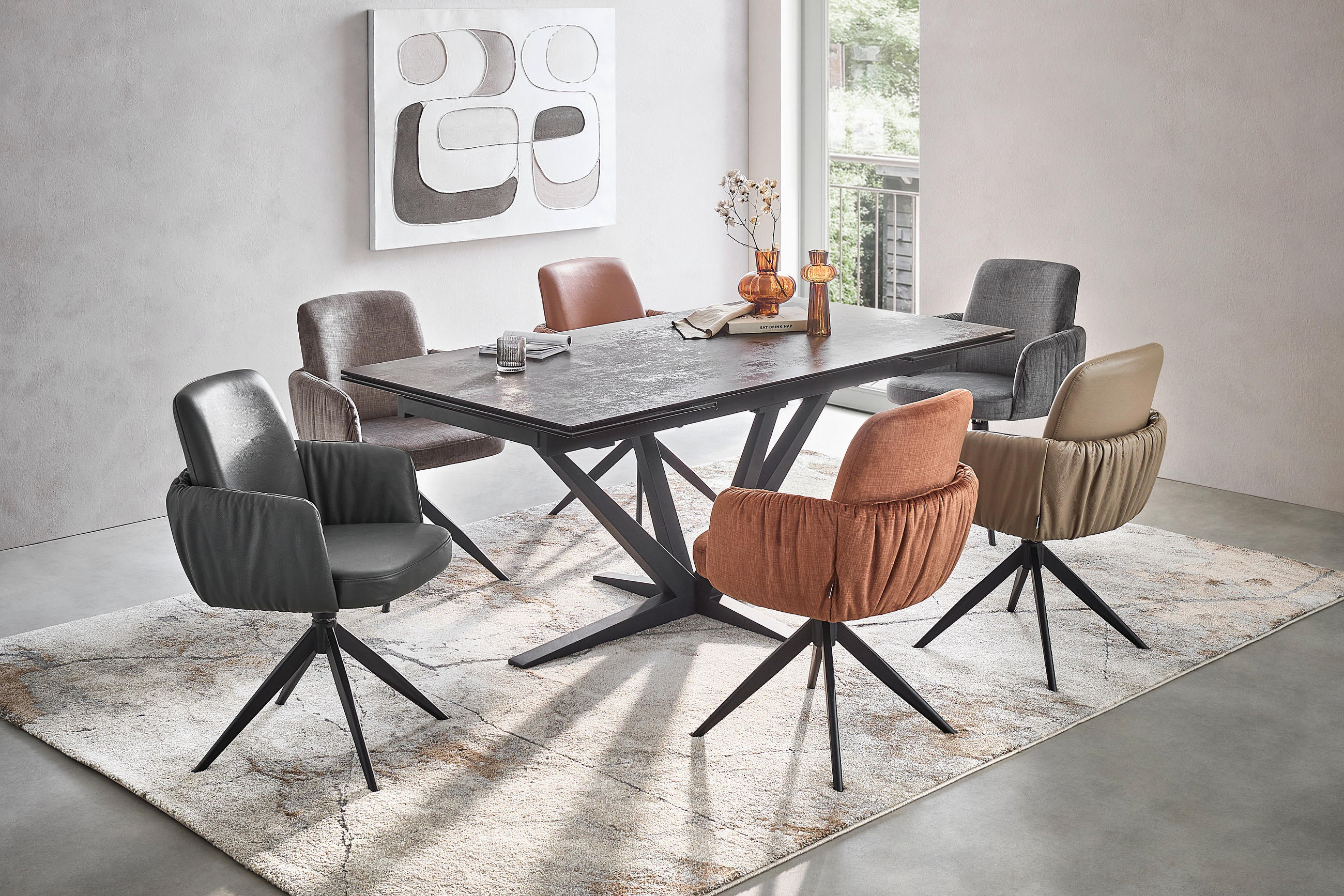 Thumbnail - Novel Esstisch, Schwarz, Bronze, Metall, Glas, Keramik, rechteckig, eckig, Sternfuß, 95x76x180-280 cm, ausziehbar, Esszi...