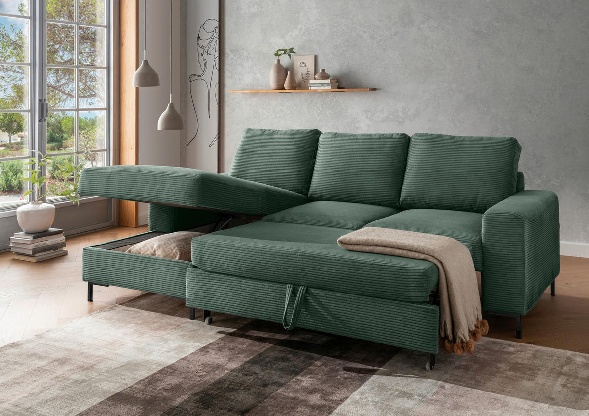 ECKSCHLAFSOFA  mit Rücken echt Cord Dunkelgrün  - Dunkelgrün/Schwarz, KONVENTIONELL, Textil/Metall (143/237cm) - Livetastic