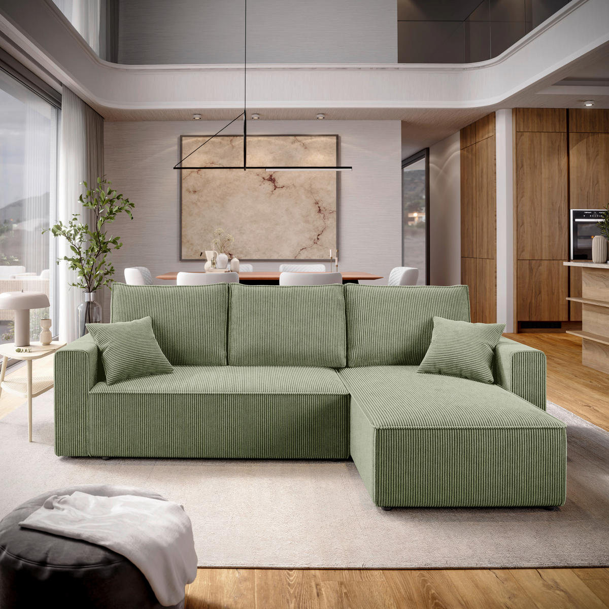 ECKSOFA Olivgrün Cord  - Schwarz/Olivgrün, KONVENTIONELL, Kunststoff/Textil (232/143cm) - Carryhome