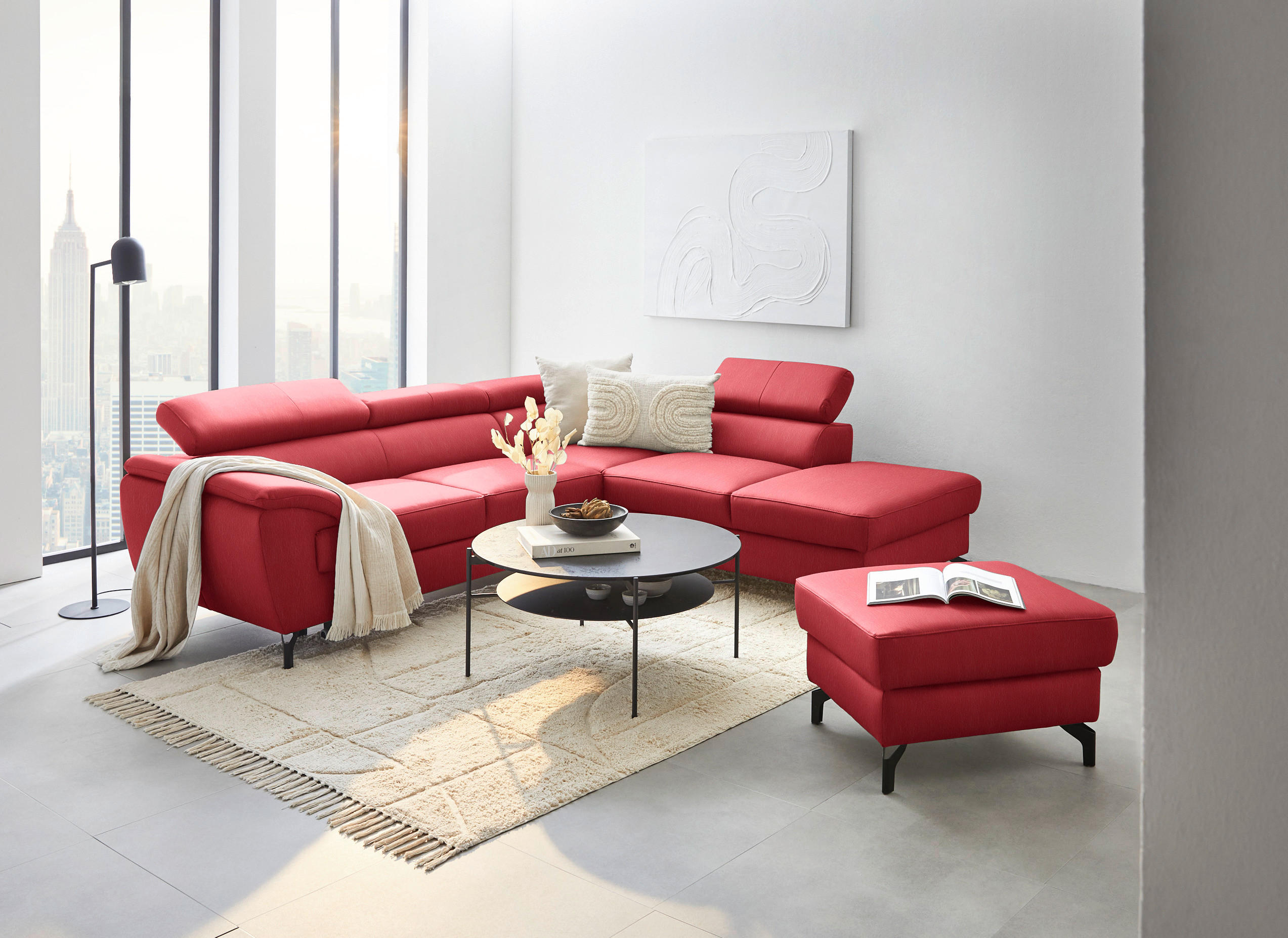 ECKSOFA in Echtleder Rot  - Rot/Schwarz, Design, Leder/Metall (256/220cm) - Celina Home