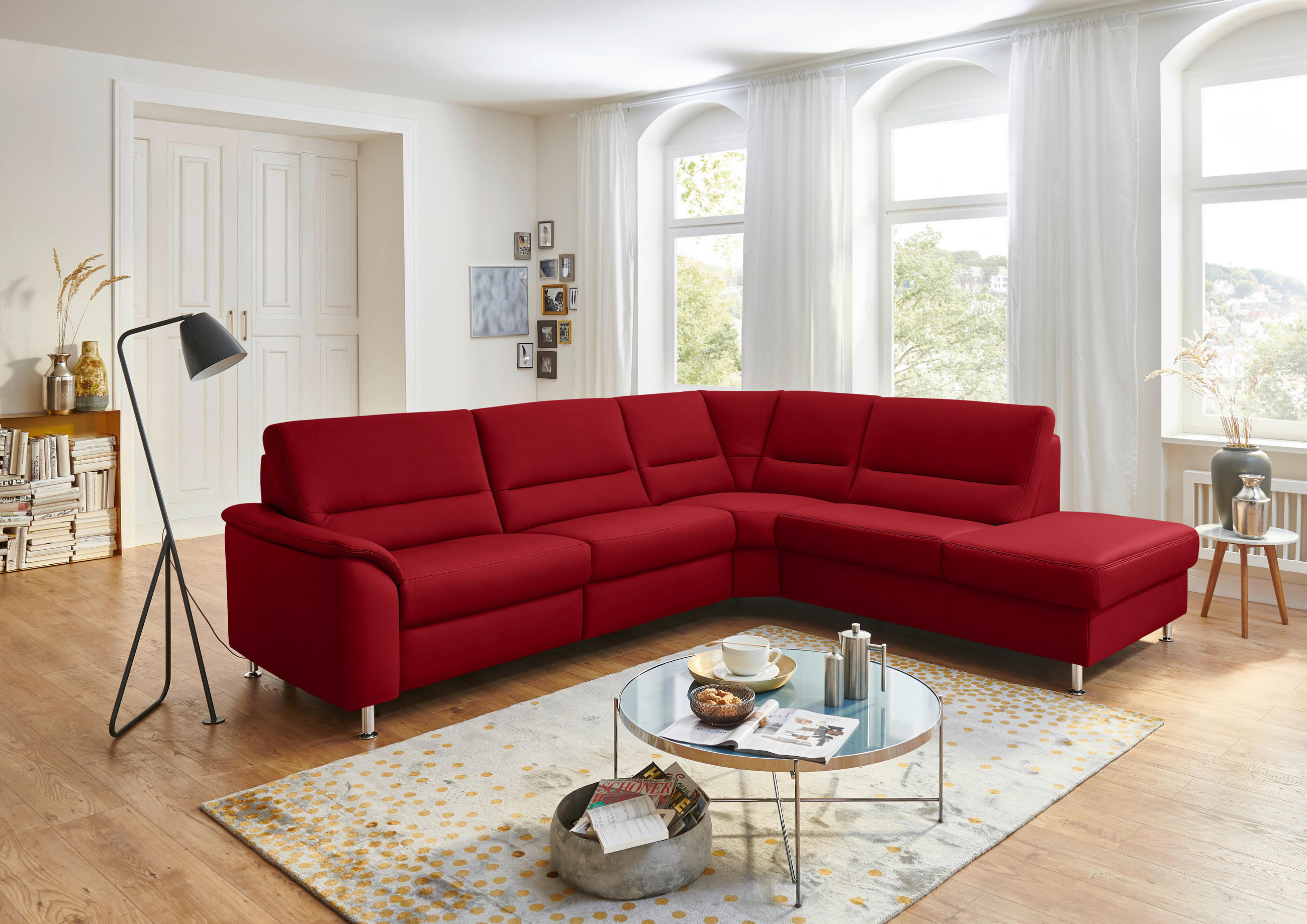 ECKSOFA in Echtleder Rot  - Rot/Alufarben, Konventionell, Leder/Metall (290/249cm) - Beldomo Premium
