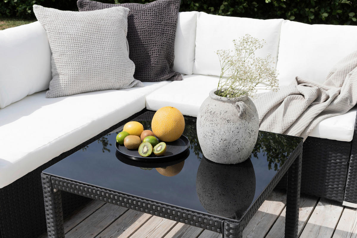 LOUNGEGARNITUR Stahl  - Schwarz/Weiß, KONVENTIONELL, Glas/Kunststoff (59/180/64cm) - Gardenson