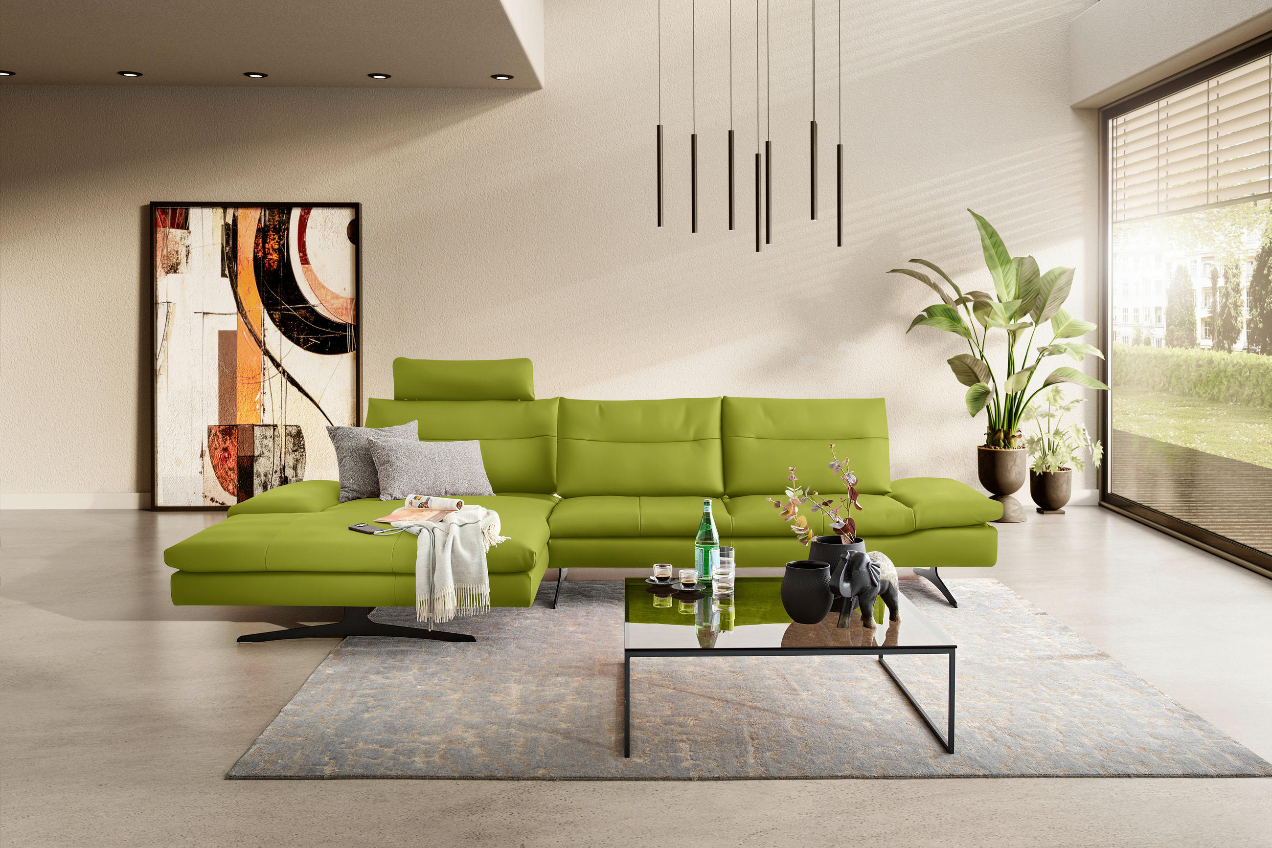 ECKSOFA in Echtleder Limette  - Limette/Schwarz, Modern, Leder/Metall (158/342cm) - Chilliano
