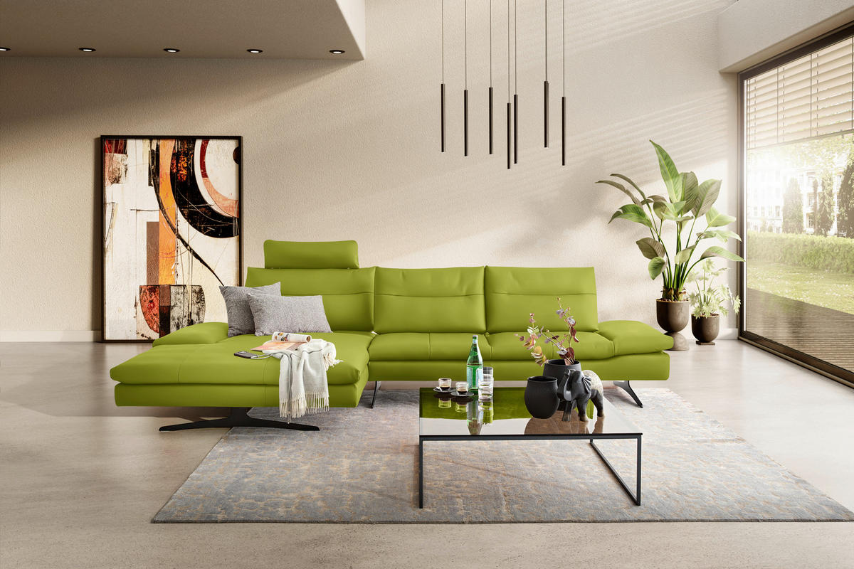 ECKSOFA in Echtleder Limette  - Limette/Schwarz, Modern, Leder/Metall (158/342cm) - Chilliano