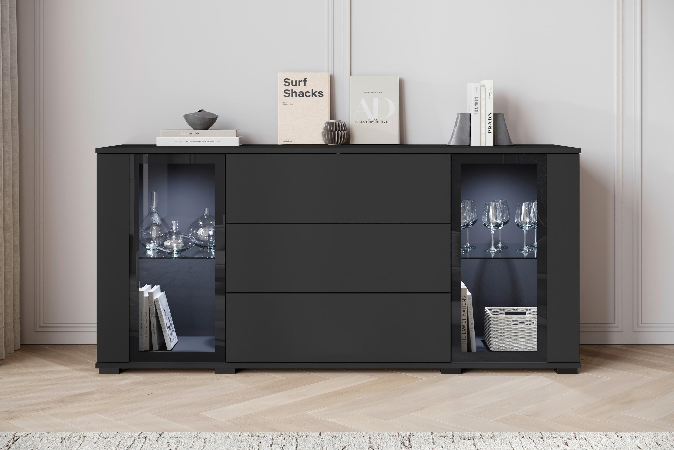 SIDEBOARD 150/69,7/39,5 cm  - svart, Design, trämaterial/glas (150/69,7/39,5cm) - Livetastic