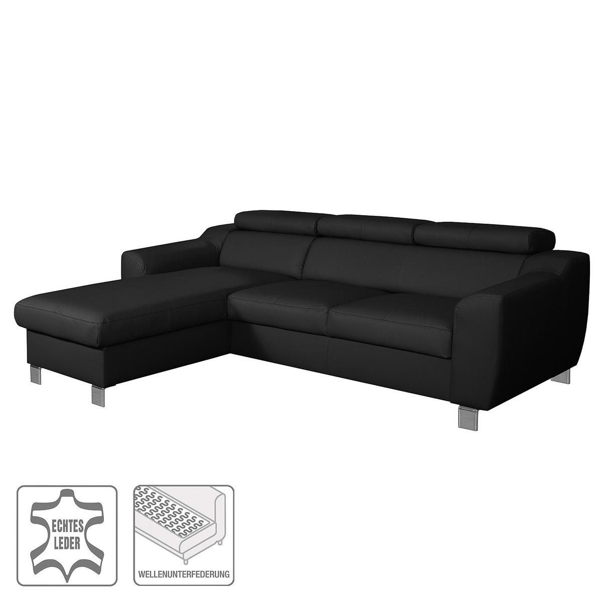ECKSOFA in Lederlook Echtleder Schwarz  - Chromfarben/Schwarz, Design, Leder/Textil (176/242cm) - Livetastic