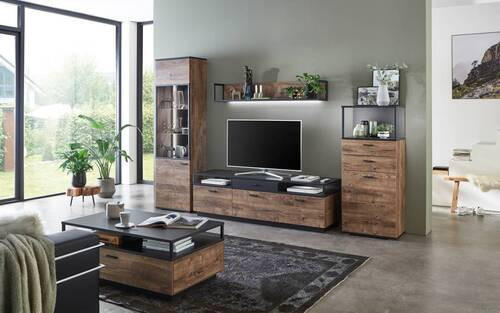 Thumbnail - Cantus Vitrine Bastian, Eiche, Dunkelgrau, Holzwerkstoff, 1 Fächer, 2 Schublade(n) Schubladen, 60x141x37 cm, Typenauswah...