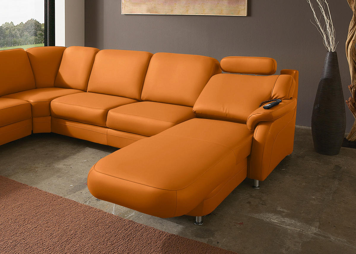 WOHNLANDSCHAFT Echtleder Currygelb  - Currygelb/Alufarben, Konventionell, Leder/Metall (239/329/165cm) - Beldomo Premium