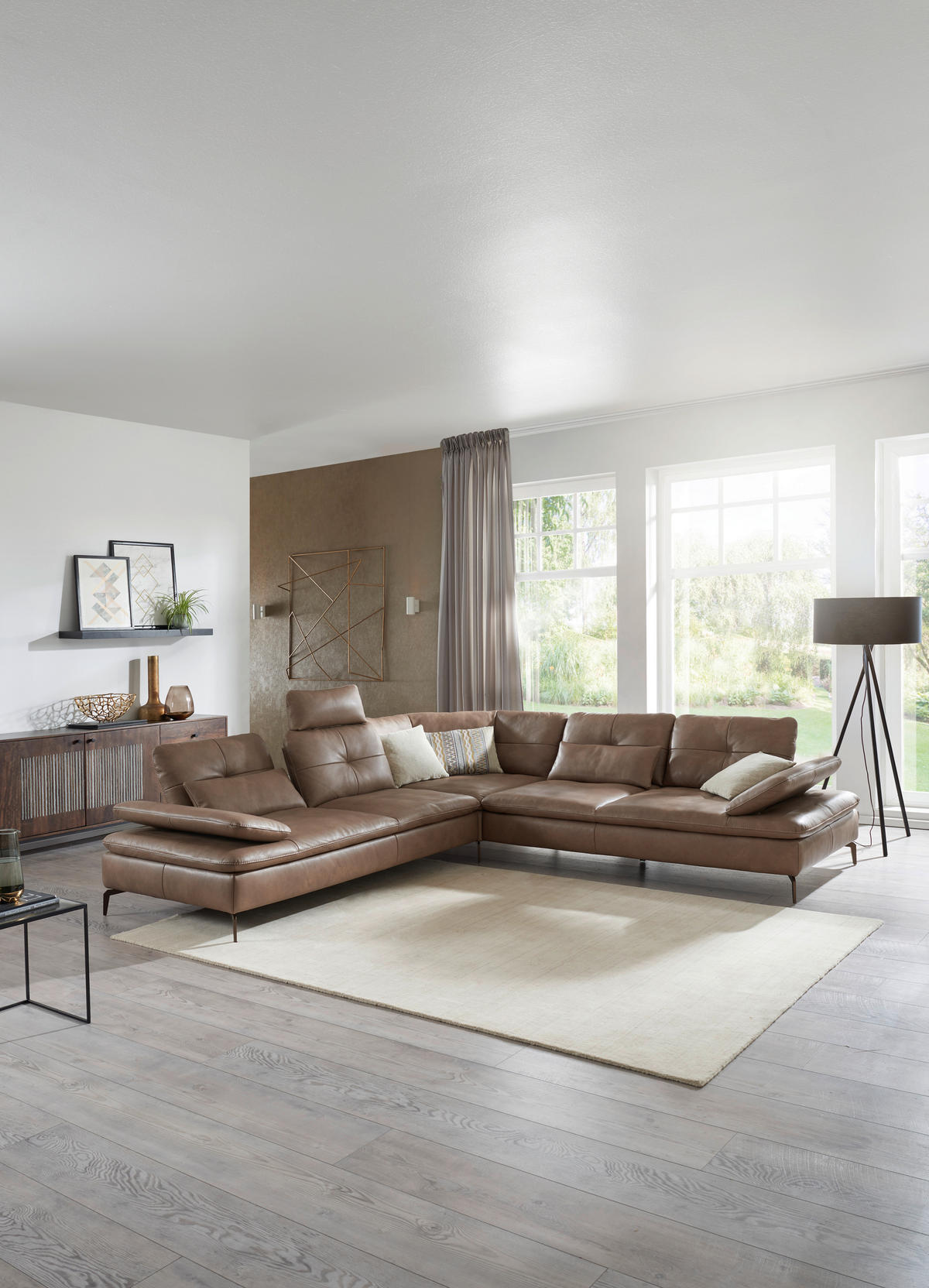 ECKSOFA Sandfarben Echtleder  - Sandfarben/Bronzefarben, Design, Leder/Metall (298/298cm) - Chilliano