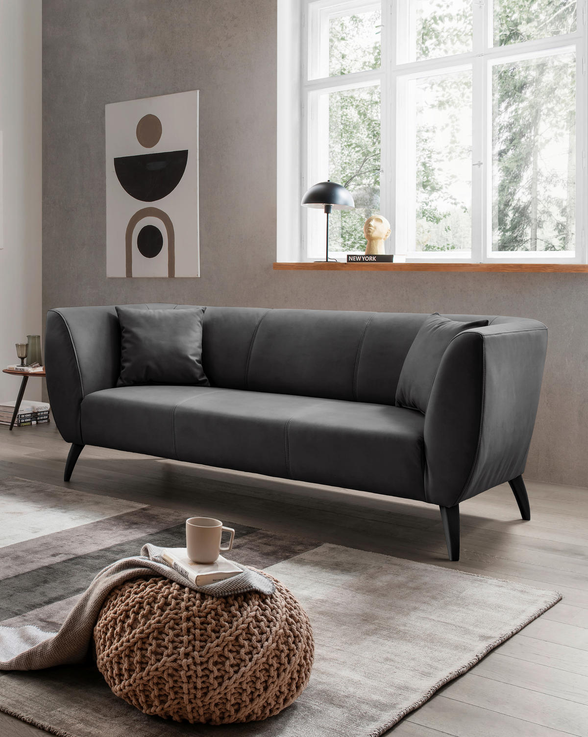 3-SITZER-SOFA in Lederlook Schwarz  - Schwarz, Modern, Holz/Textil (208/83/88cm) - Livetastic