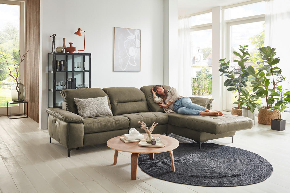 ECKSOFA in Mikrofaser Olivgrün  - Chromfarben/Olivgrün, Design, Textil/Metall (280/184cm) - Pure Home Comfort