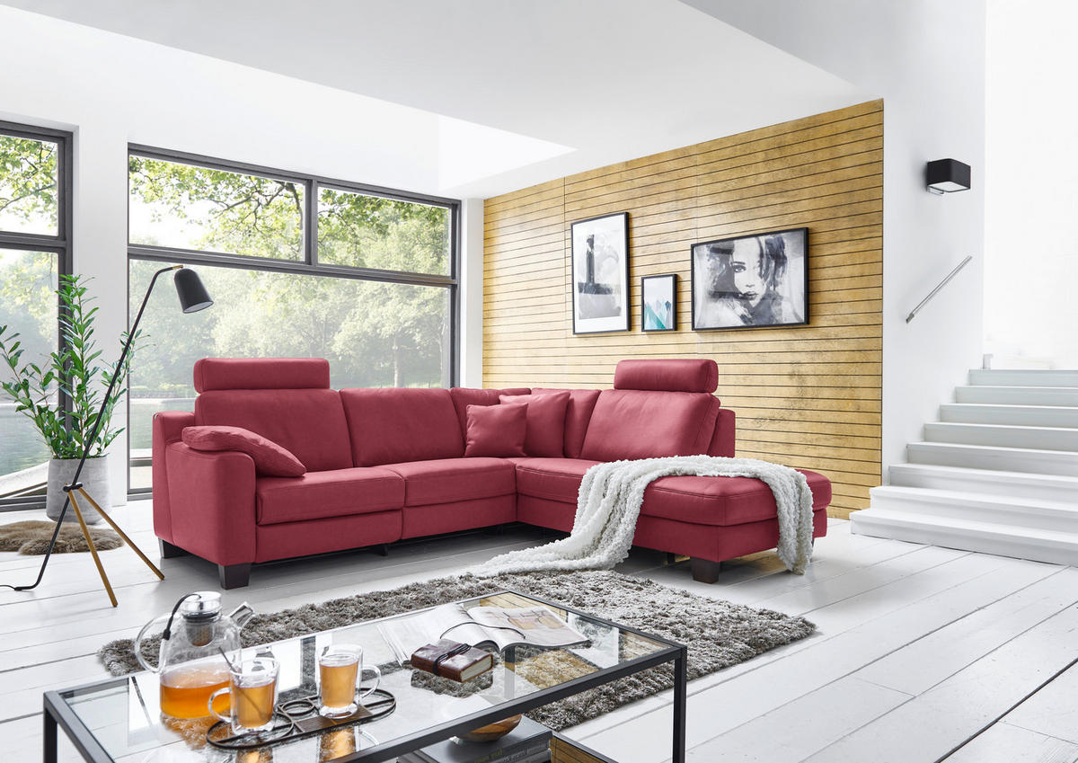 ECKSOFA in Echtleder Bordeaux  - Eichefarben/Bordeaux, Design, Leder/Holz (259/235cm) - Valdera
