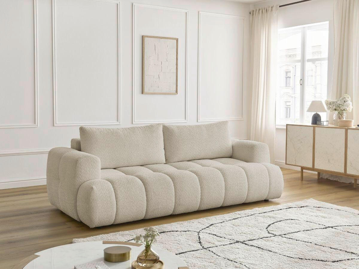 SCHLAFSOFA FUJI Bouclé Beige  inkl.  - Beige/Schwarz, MODERN, Kunststoff/Textil (251/113/88cm)