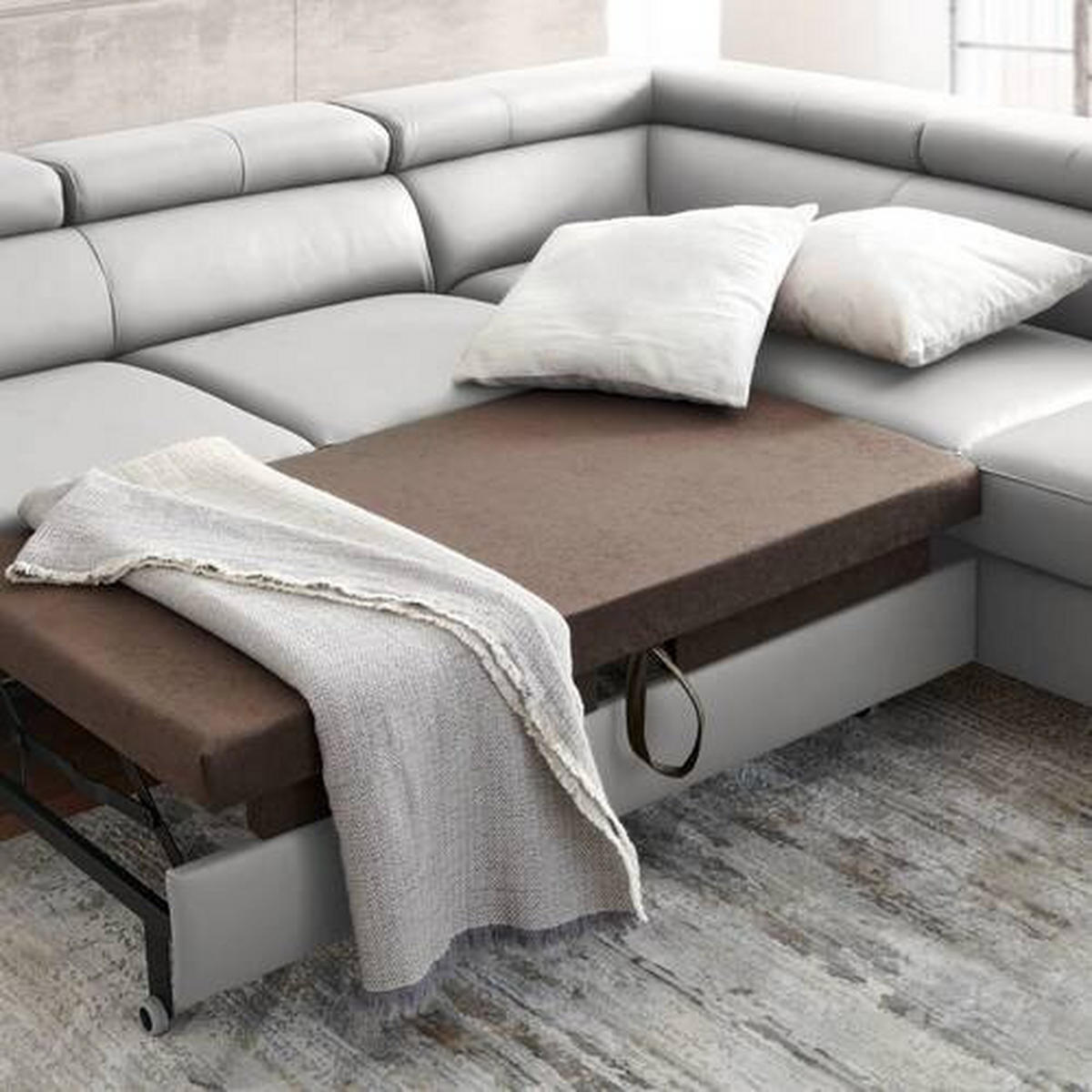 ECKSOFA Hellgrau Kombination Echtleder/Lederlook Lederlook  - Hellgrau/Schwarz, Design, Leder/Textil (256/220cm) - Celina Home