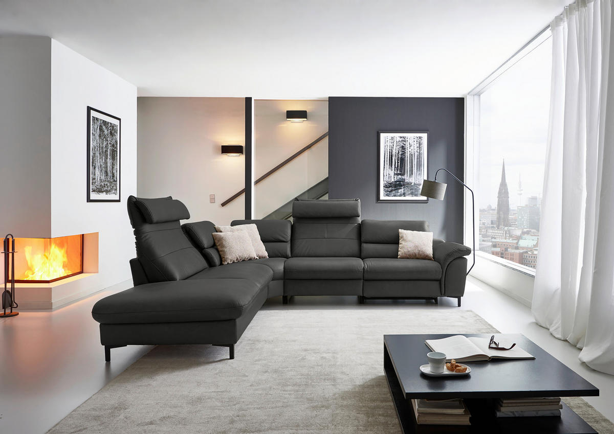 ECKSOFA Valdera Schwarz Echtleder  - Schwarz, Design, Leder/Metall (246/280cm) - Hukla