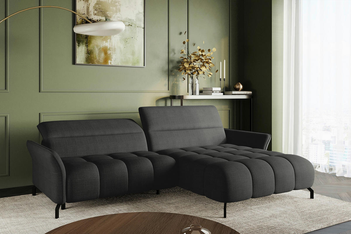 ECKSOFA Anthrazit Flachgewebe Rücken echt, Kopfteilverstellung, Sitztiefenverstellung  - Anthrazit/Schwarz, KONVENTIONELL, Textil/Metall (272/175cm) - Carryhome