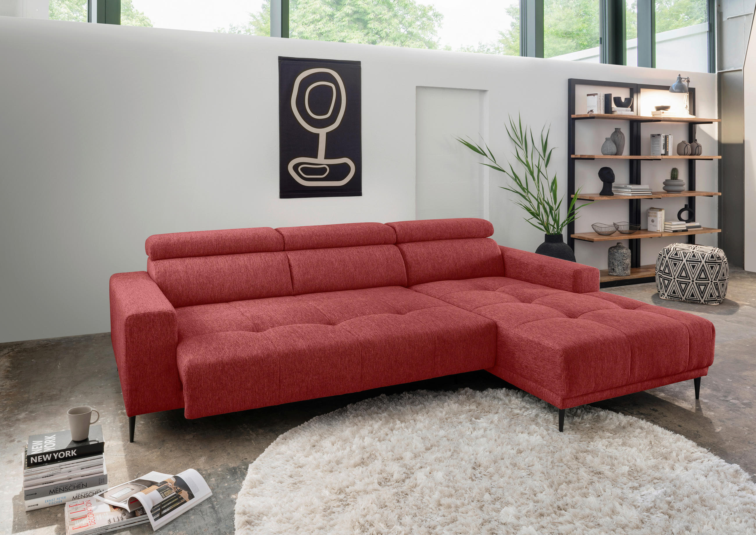 ECKSOFA Rot Chenille  - Rot/Schwarz, KONVENTIONELL, Textil/Metall (276/188cm) - Livetastic