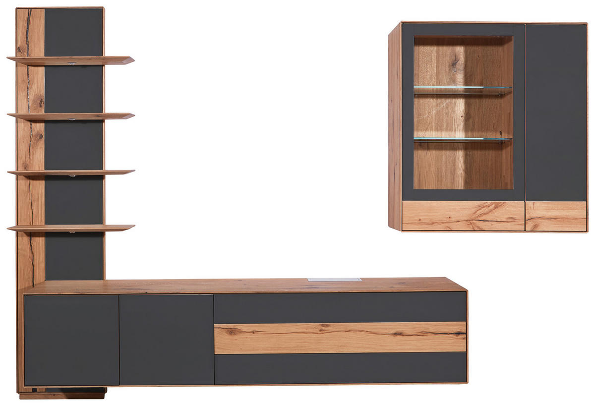 WOHNWAND  in Anthrazit, Eichefarben  297/206/48 cm  - Eichefarben/Anthrazit, Design, Glas/Holz (297/206/48cm) - Valnatura