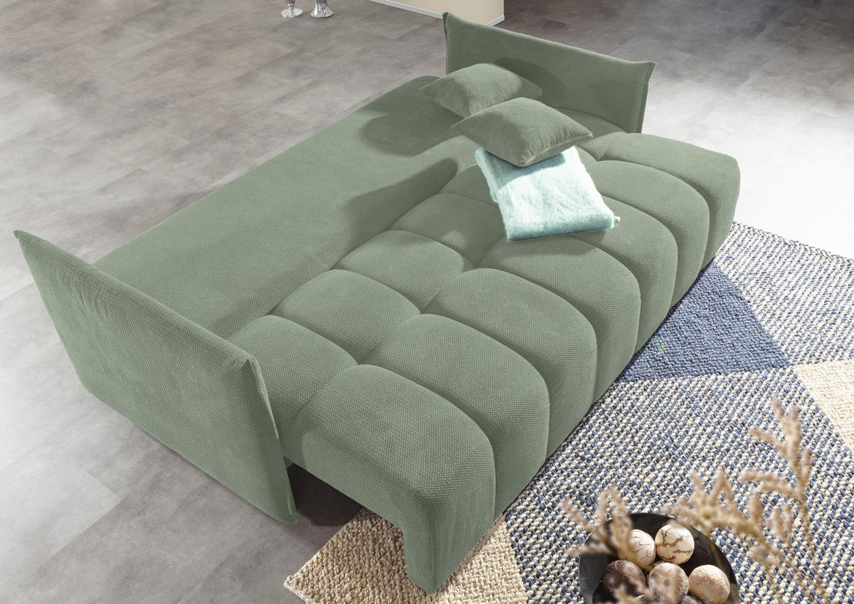 SCHLAFSOFA Plüsch Salbeigrün  inkl. Zierkissen, Rückenkissen, Bettkasten, Schlaffunktion, Rücken echt, Liegefläche im Originalstoff  - Salbeigrün/Schwarz, KONVENTIONELL, Kunststoff/Textil (200/73/105cm) - Carryhome