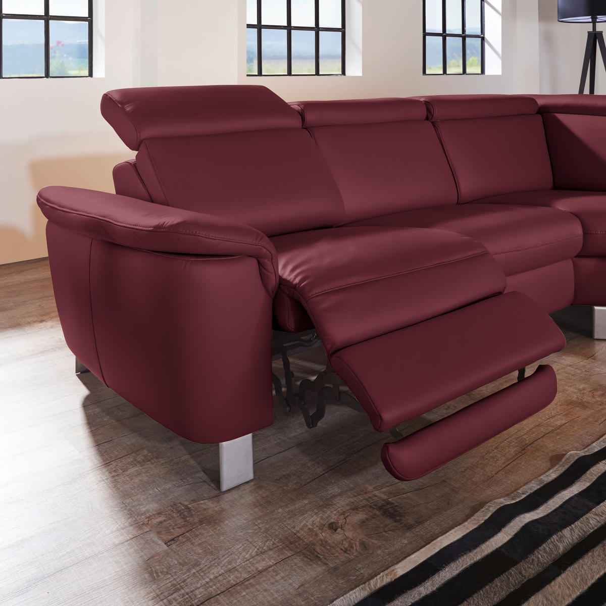 ECKSOFA in Echtleder Weinrot  - Weinrot/Alufarben, Design, Leder/Metall (271/239cm) - Cantus