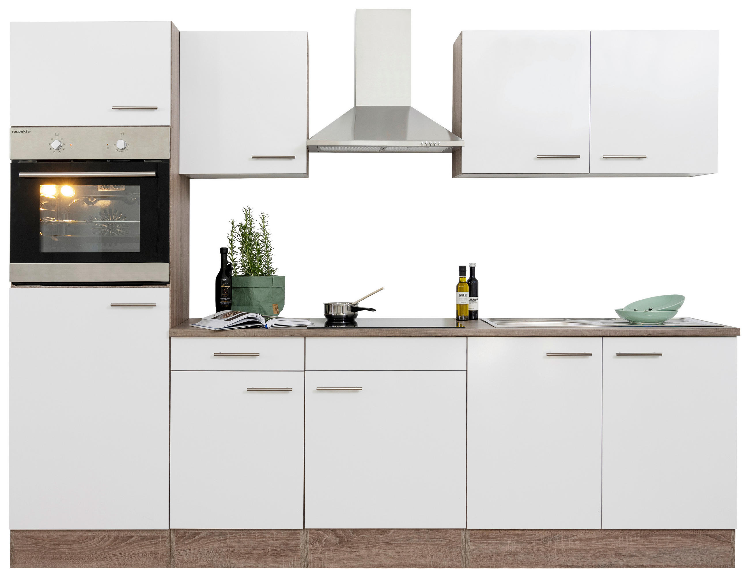 KÜCHENBLOCK 270 cm in Weiß - Edelstahlfarben/Eichefarben, Design, Holzwerkstoff/Metall (270cm) - Respekta