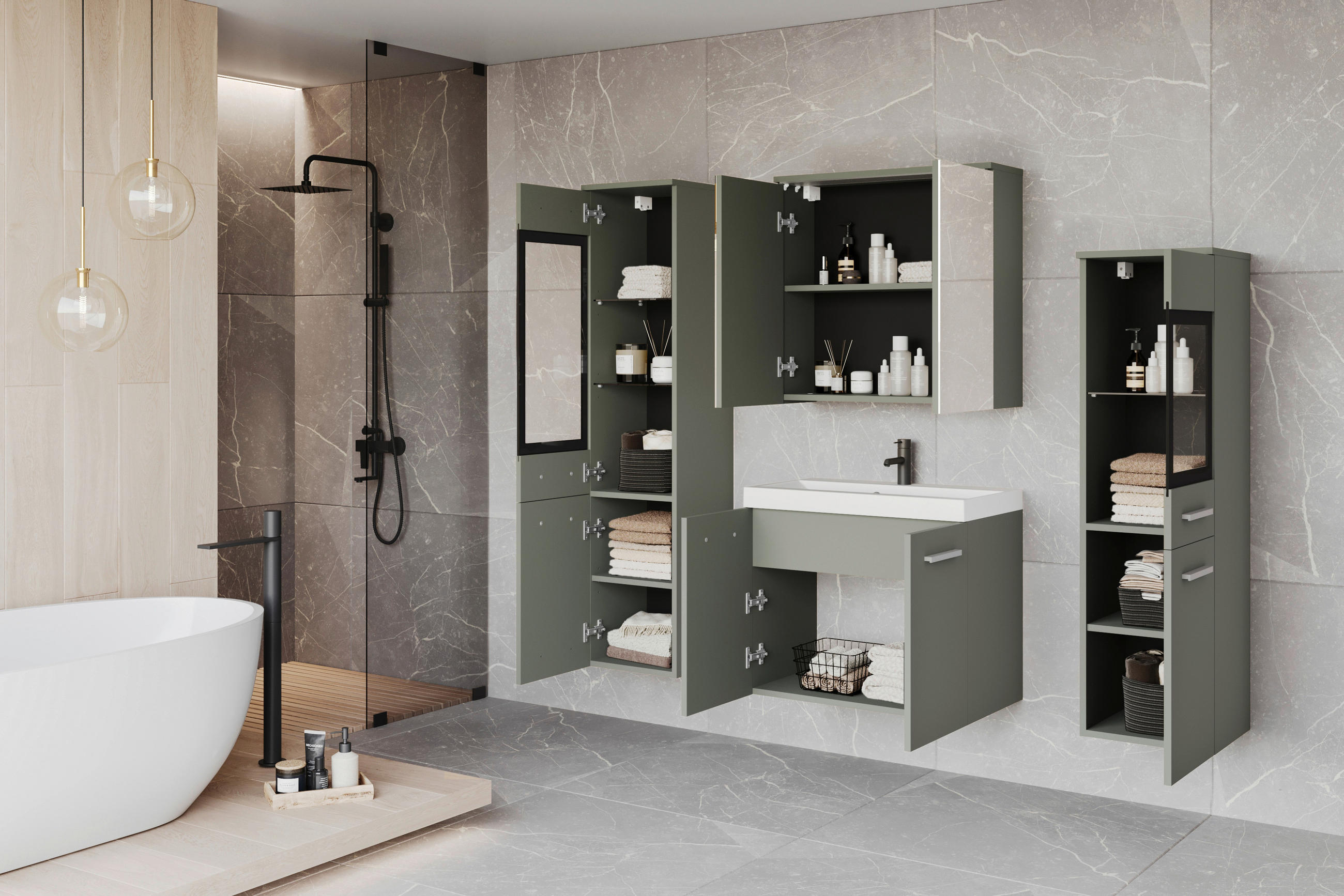 BADEZIMMER 5-teilig  in  - Weiss/Grün, Lifestyle, Glas/Keramik (120,4/131,5/30,2cm) - P & B
