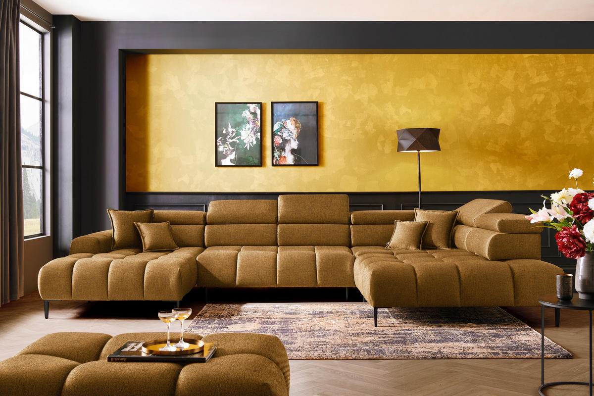 WOHNLANDSCHAFT in Webstoff Currygelb  - Currygelb/Schwarz, Design, Textil/Metall (177/385/216cm) - Welnova