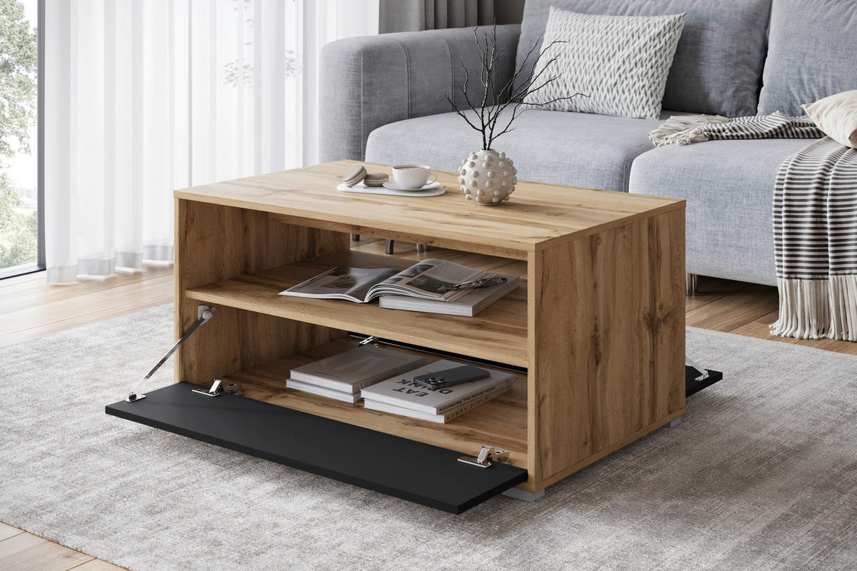 COUCHTISCH in Holzwerkstoff  - Eiche Wotan/Schwarz, Trend, Holzwerkstoff/Kunststoff (90/45/55cm) - Livetastic
